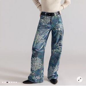 Free People High-Rise Wide Leg Jeans in Iridescent Blue with White Floral Print
